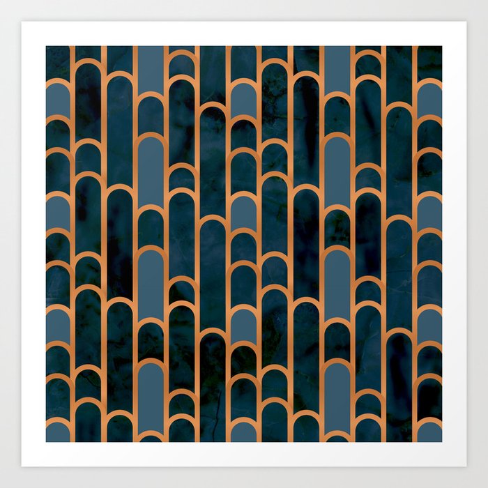 Art Deco Blue Teal Marble and Metallic Copper Marbled Pattern Art Print