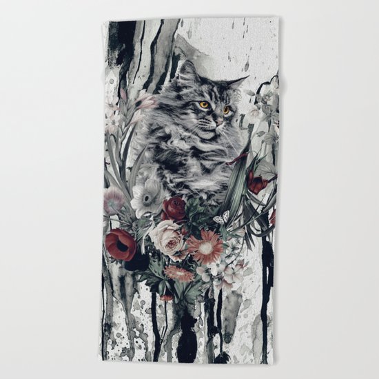 Cat in flowers Beach Towel