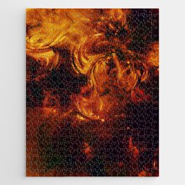 Molten Fire Burst Flames Black and Orange Abstract Artwork Jigsaw Puzzle