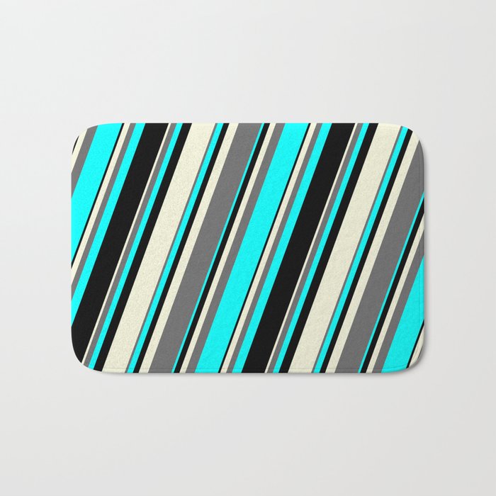 Beige, Dim Grey, Aqua & Black Colored Lines/Stripes Pattern Bath Mat