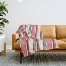 [ Thumbnail: Light Coral, Dark Turquoise, Beige & Red Colored Lines/Stripes Pattern Throw Blanket ]
