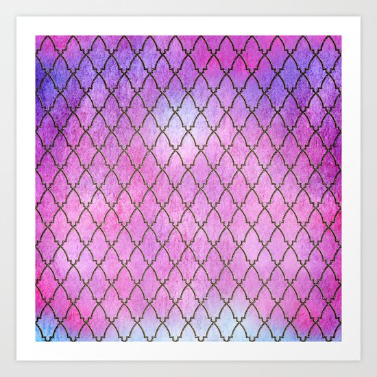 Purple and blue Quatrefoil with Gold Frame- Elegant Morrocan Watercolor Pattern Art Print