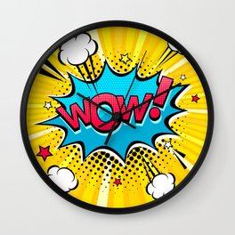 Comic speech bubble with expression text Wow!, stars and clouds. bright dynamic cartoon illustration in retro pop art style on halftone background Wall Clock