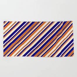 [ Thumbnail: Blue, Chocolate, and Beige Colored Lines/Stripes Pattern Beach Towel ]