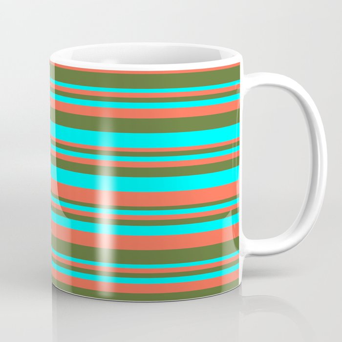 Red, Dark Olive Green & Aqua Colored Lined Pattern Coffee Mug