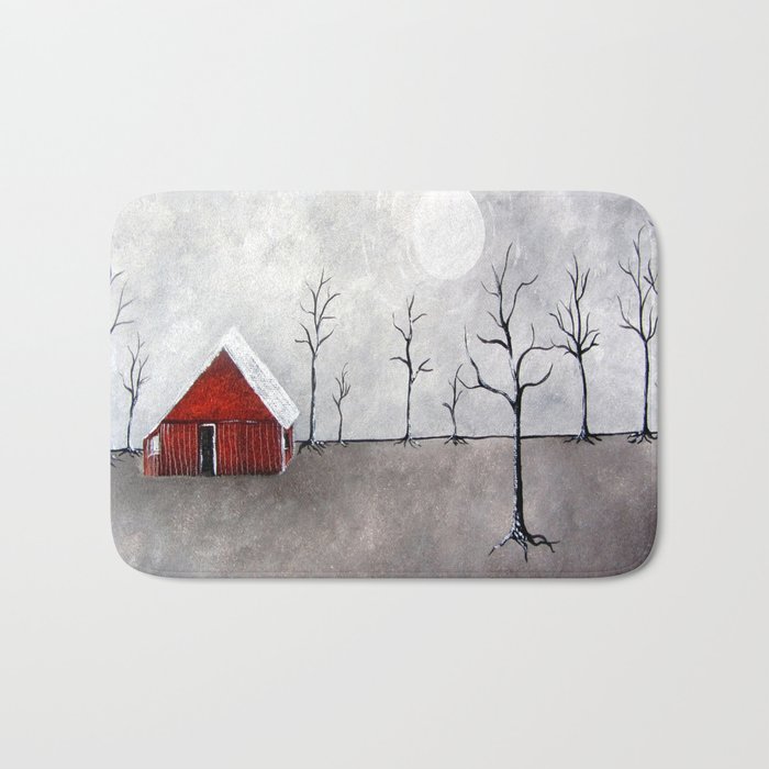 Red Barn Painting Barns Trees Nature Landscape Art Serene Lonely Minimalist Minimal Bath Mat By Treelovergirl Society6