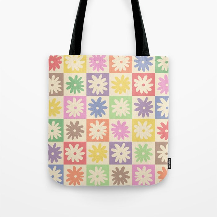 Colorful Flower Checkered Pattern Tote Bag