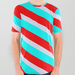 [ Thumbnail: Lavender, Cyan & Red Colored Striped Pattern All Over Graphic Tee ]