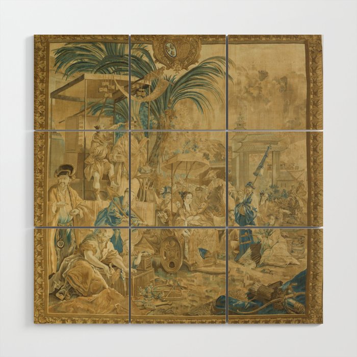 Antique 18th Century 'Chinese Fair' French Beauvais Tapestry Francois Boucher Wood Wall Art