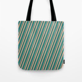 [ Thumbnail: Teal and Light Salmon Colored Pattern of Stripes Tote Bag ]