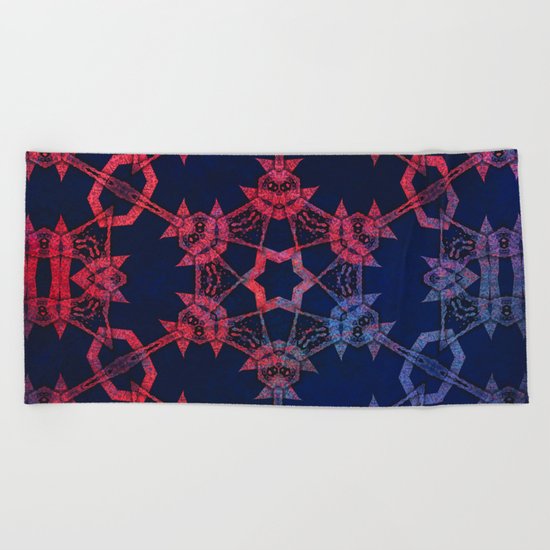 Blue and red glow tribal mandala Beach Towel