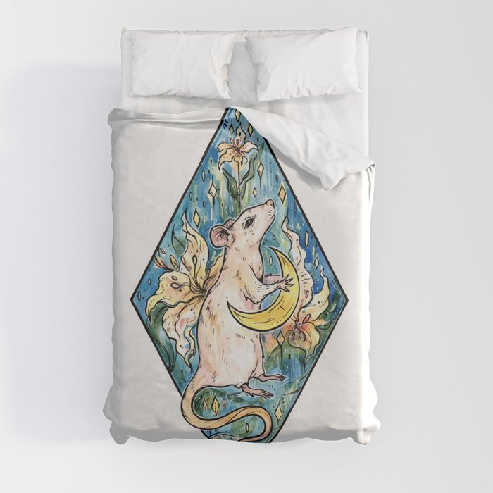 Rat with moon and lily ~ watercolor illustration Duvet Cover