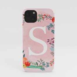 Flower Wreath with Personalized Monogram Initial Letter S on Pink Watercolor Paper Texture Artwork iPhone Case