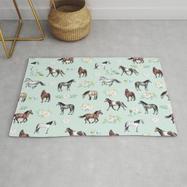 Floral Horse Pattern, Flowers and Horses, Hand Painted, Girl's Room, Romantic Blue Floral Rug