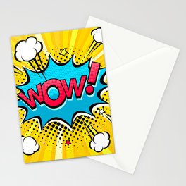 Comic speech bubble with expression text Wow!, stars and clouds. bright dynamic cartoon illustration in retro pop art style on halftone background Stationery Card
