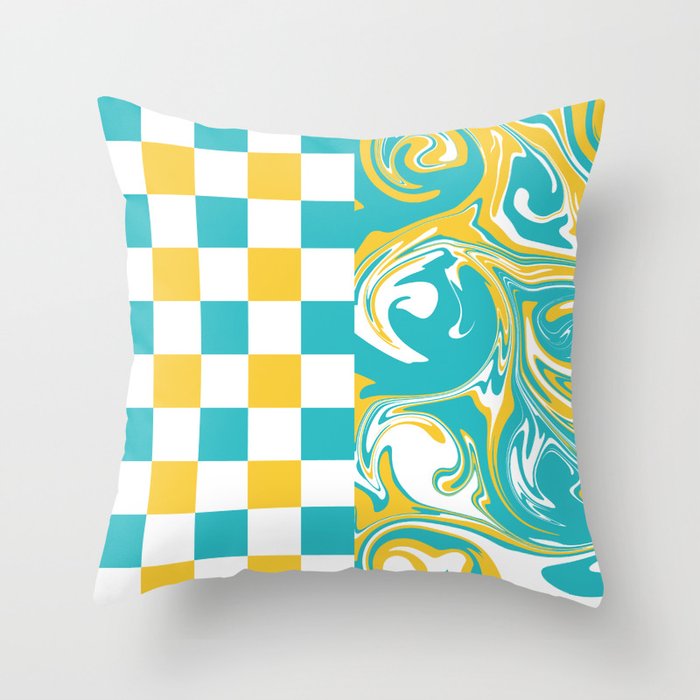 Checks and Swirls in Turquoise, Yellow, and White Throw Pillow