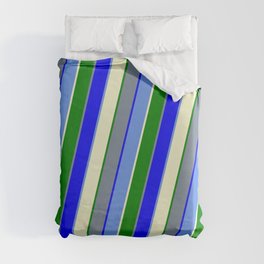 [ Thumbnail: Light Slate Gray, Blue, Cornflower Blue, Light Yellow, and Green Colored Lined/Striped Pattern Duvet Cover ]