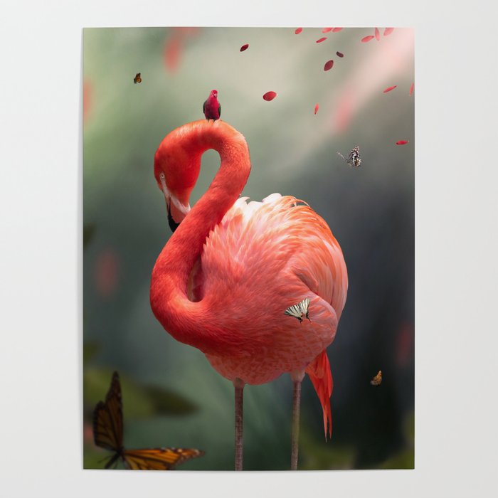 Flamingo with Butterflies Poster