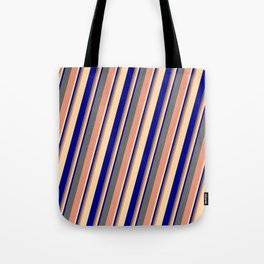 [ Thumbnail: Dim Gray, Dark Salmon, Tan & Blue Colored Lined/Striped Pattern Tote Bag ]