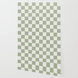 Checkerboard Check Checkered Pattern in Sage Green and Off White Wallpaper