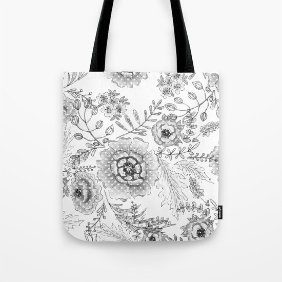 Black and white watercolor floral pattern with polka dots . Tote Bag
