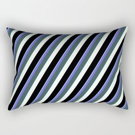 [ Thumbnail: Vibrant Light Sky Blue, Slate Blue, Dark Slate Gray, Mint Cream & Black Colored Lined Pattern Rectangular Pillow ]