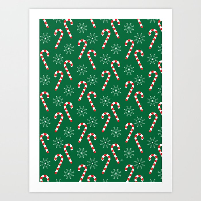 Candy Canes and Snowflakes Pattern Green Art Print