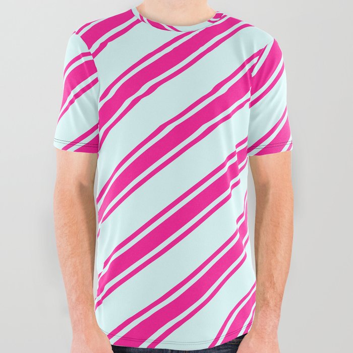 Light Cyan and Deep Pink Colored Stripes/Lines Pattern All Over Graphic Tee