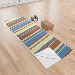 [ Thumbnail: Blue, Pale Goldenrod, and Sienna Colored Stripes/Lines Pattern Yoga Towel ]
