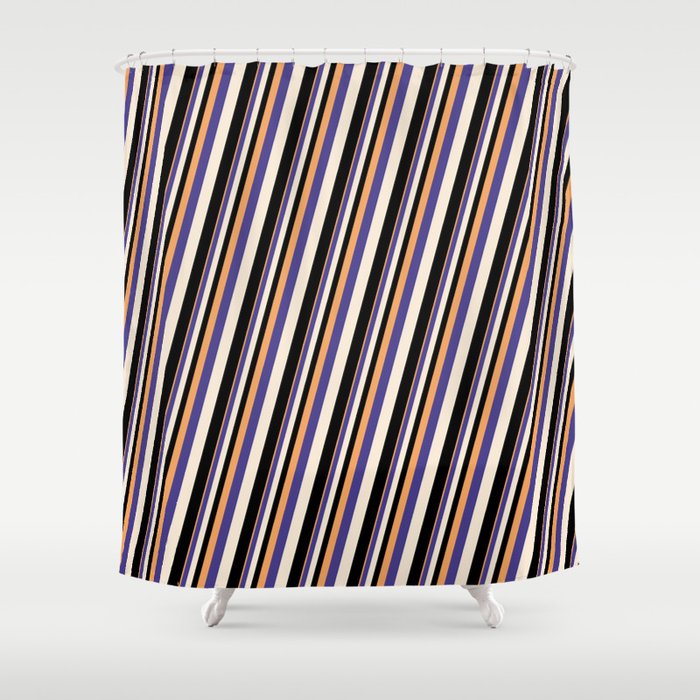 Brown, Dark Slate Blue, Beige & Black Colored Striped Pattern Shower Curtain