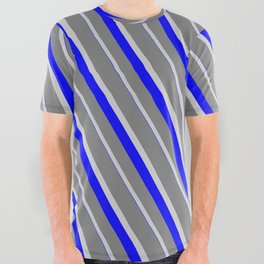 [ Thumbnail: Grey, Light Grey & Blue Colored Striped/Lined Pattern All Over Graphic Tee ]