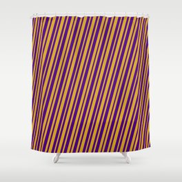 [ Thumbnail: Goldenrod & Indigo Colored Stripes/Lines Pattern Shower Curtain ]