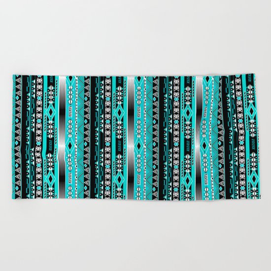 Abstract ethnic pattern in turquoise , black and white . Beach Towel