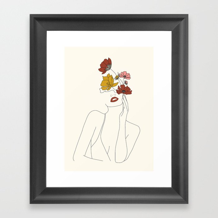Colorful Thoughts Minimal Line Art Woman with Flowers Framed Art Print