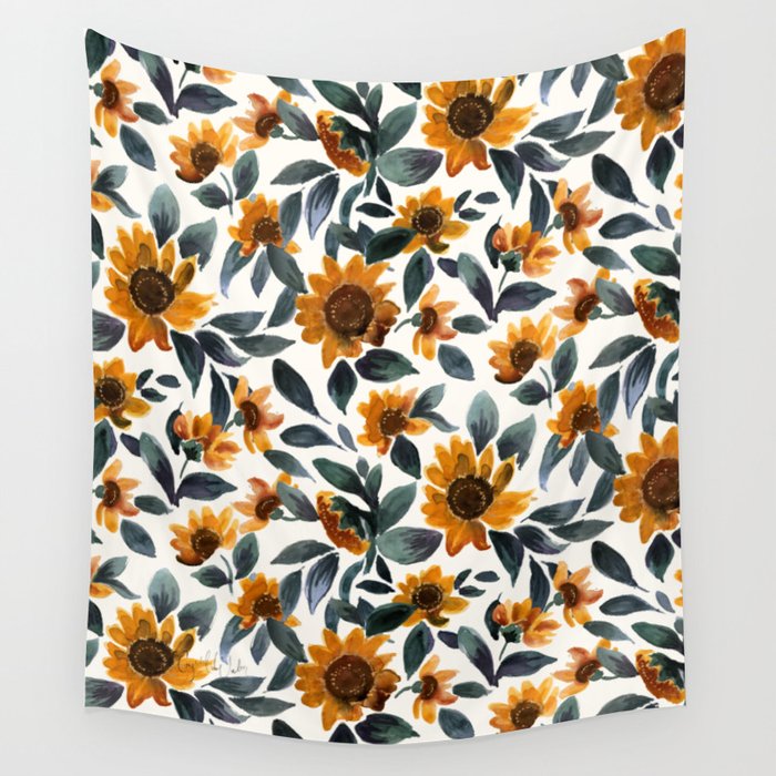 Sunset Sunflowers - Teal Leaves Wall Tapestry