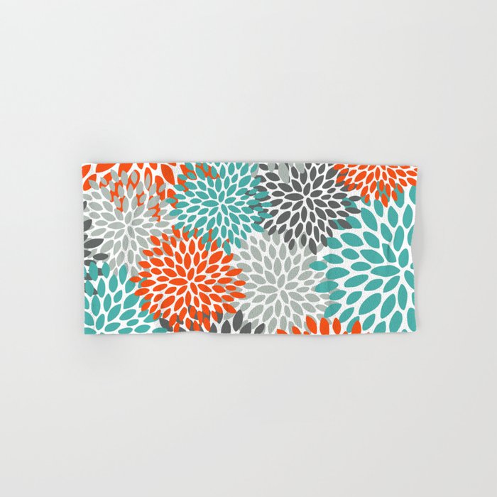 Floral Pattern, Abstract, Orange, Teal and Gray Hand & Bath Towel