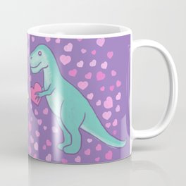 Cute Dinosaurs in Love, T-Rex is Giving a Heart to a Stegosaurus, Violet, Purple, Green, Mint Colors, Dinosaur Illustration and Pattern Coffee Mug