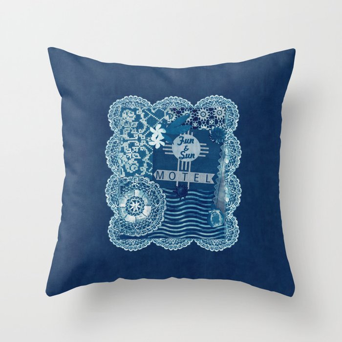 Fun Sun Motel Cyanotype Throw Pillow