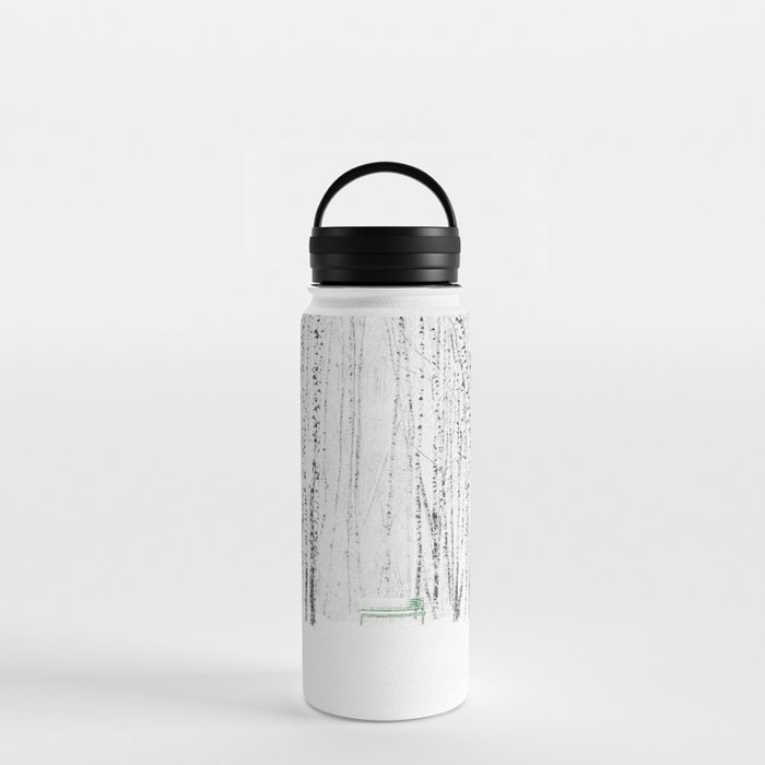 Green bench in white winter forest Water Bottle