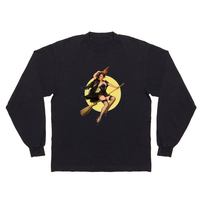 Witch Pinup Girl Halloween Vintage Pin up Long Sleeve T Shirt