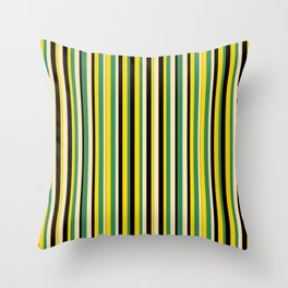 [ Thumbnail: Sea Green, Beige, Black & Yellow Colored Pattern of Stripes Throw Pillow ]