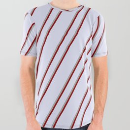 [ Thumbnail: Lavender, Dark Grey, and Dark Red Colored Lines Pattern All Over Graphic Tee ]