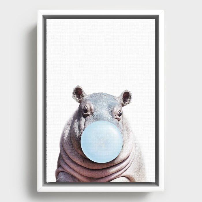 Baby Hippo Blowing Blue Bubble Gum, Baby Boy, Art for Kids, Baby Animals Art Print by Synplus Framed Canvas