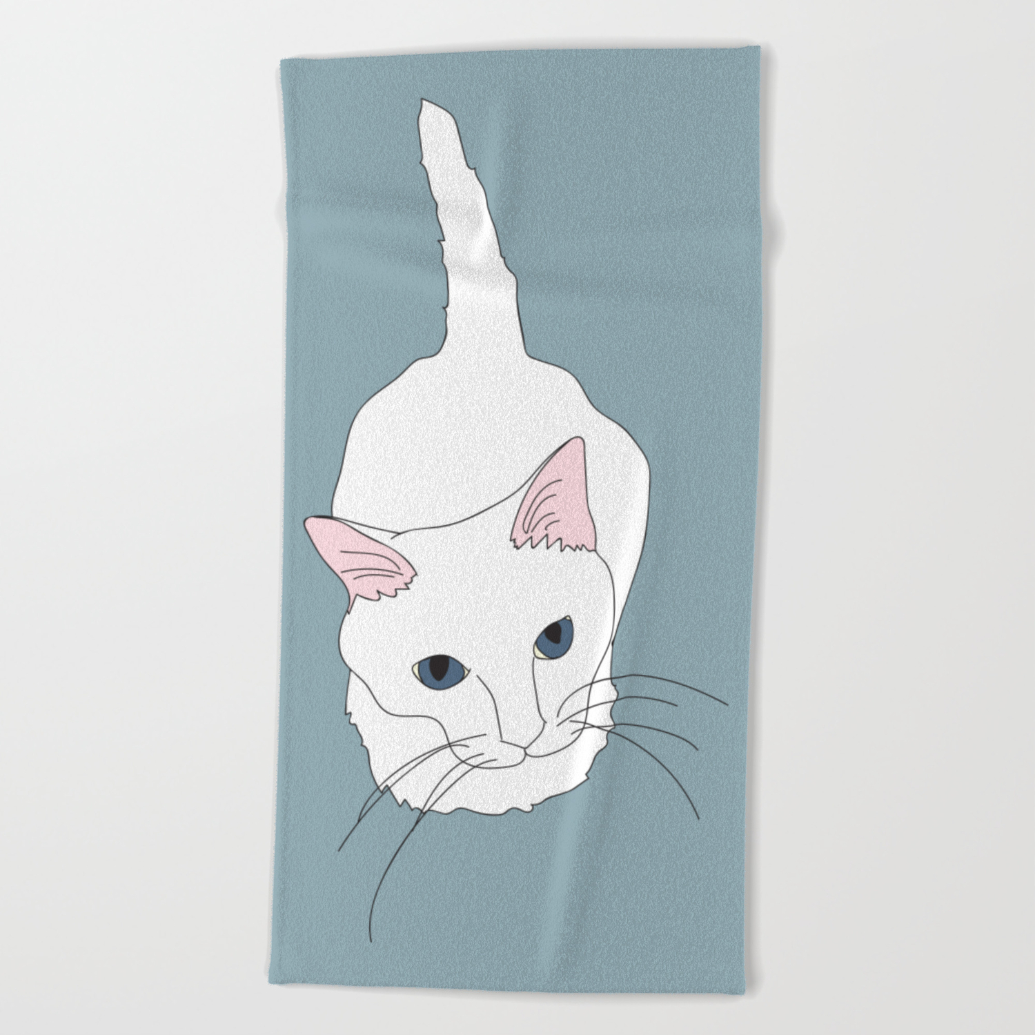 Kitty Cat Illustrated Print White Pink Blue Beach Towel By