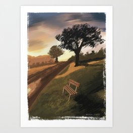Sunset Peaceful Landscape With Bench  Art Print