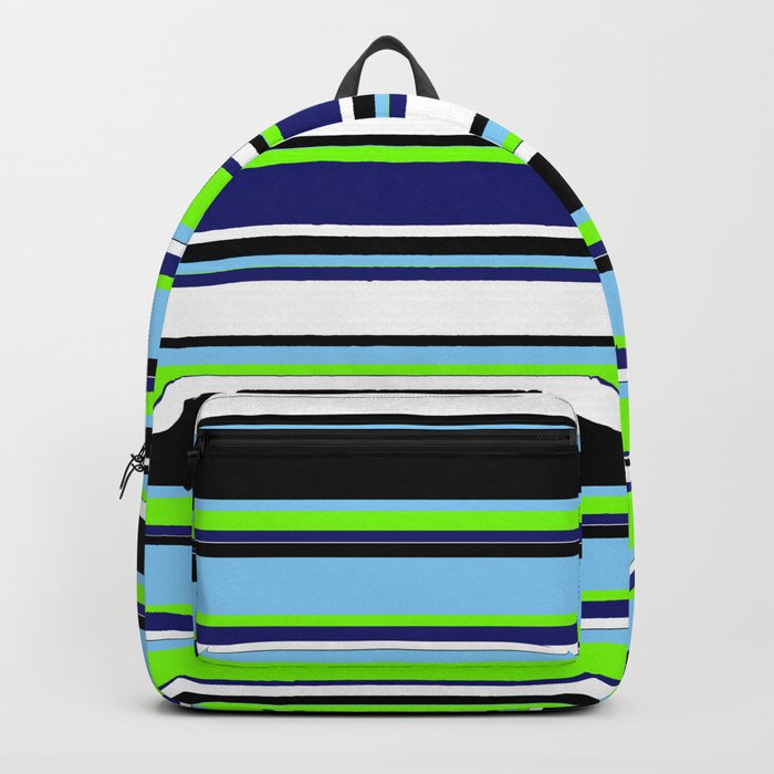 Colorful Light Sky Blue, Chartreuse, Midnight Blue, White & Black Colored Striped/Lined Pattern Backpack