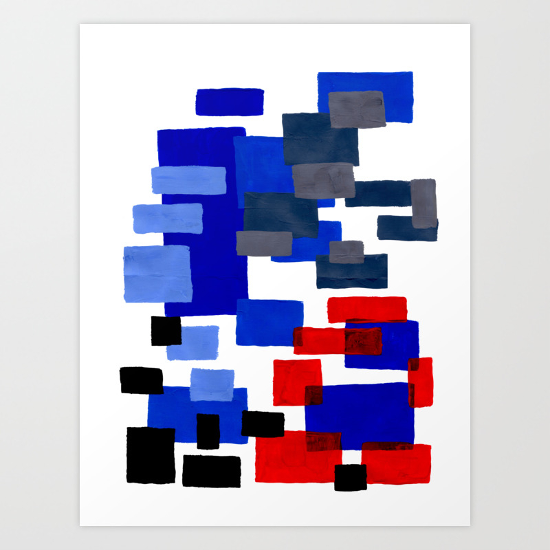 Modern Mid Century Abstract Geometric Cube Square Acrylic Painting Blue With Red Accents Art Print By Enshape Society6
