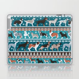 Fluffy and bright fair isle knitting doggie friends // teal background brown orange white and grey dog breeds  Laptop Skin