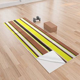 [ Thumbnail: Yellow, White, Sienna & Black Colored Stripes/Lines Pattern Yoga Towel ]