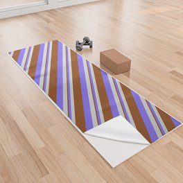 [ Thumbnail: Light Gray, Medium Slate Blue & Brown Colored Pattern of Stripes Yoga Towel ]